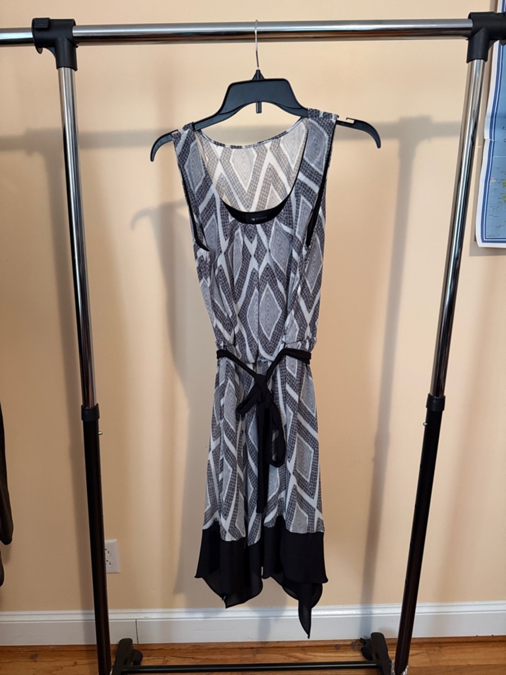 AB Studio Black & White Geometric Tie-Waist High-Low Dress